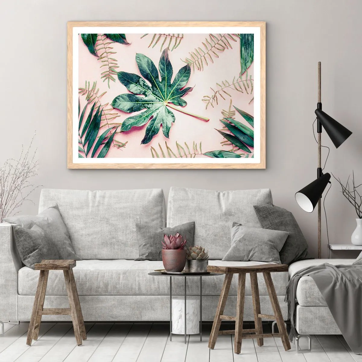 Affisch i ram av ljusek - Grönskans studie mot rosa bakgrund - 100x70 cm