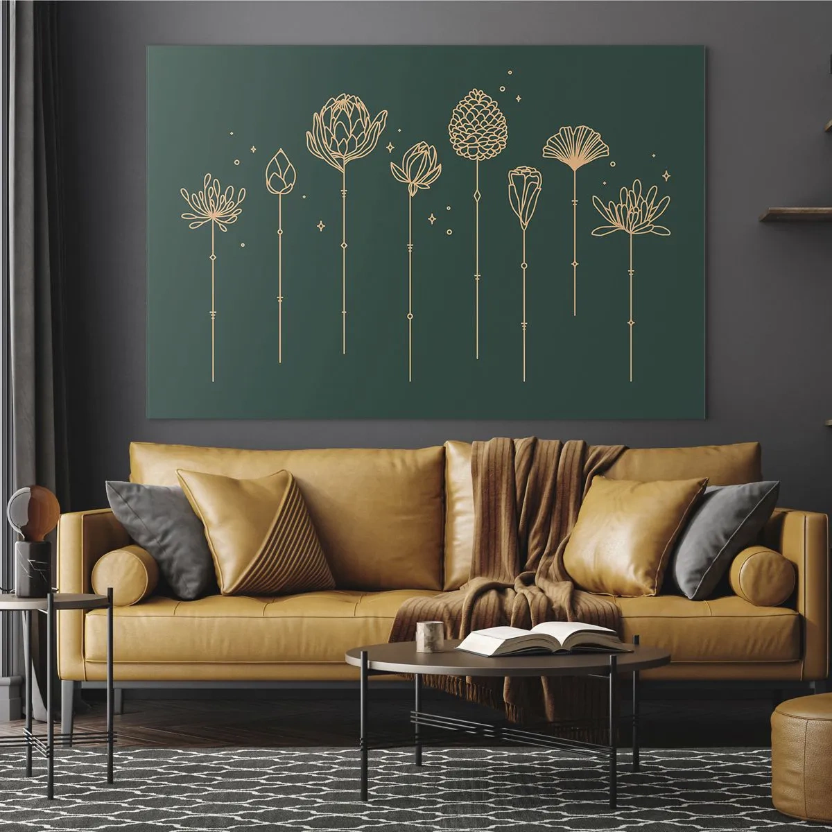 Glastavla - Bild på glas - Gyllene konturer av örter och blommor på en mörkgrön bakgrund - 70x50cm - Familjen ÖRTsson - Modern väggdekoration för vardagsrum och sovrum ARTTOR
