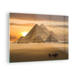 Glastavla - Bild på glas - Pyramiderna i Giza vid solnedgången med ryttare på hästar - 70x50cm - 1000 år utan ändring - Modern väggdekoration för vardagsrum och sovrum ARTTOR