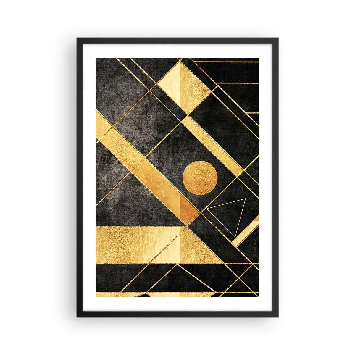 Affisch i svart ram - Gyllene geometriska mönster på svart bakgrund - 50x70cm - Öknens sol - Modern väggdekoration för vardagsrum och sovrum ARTTOR