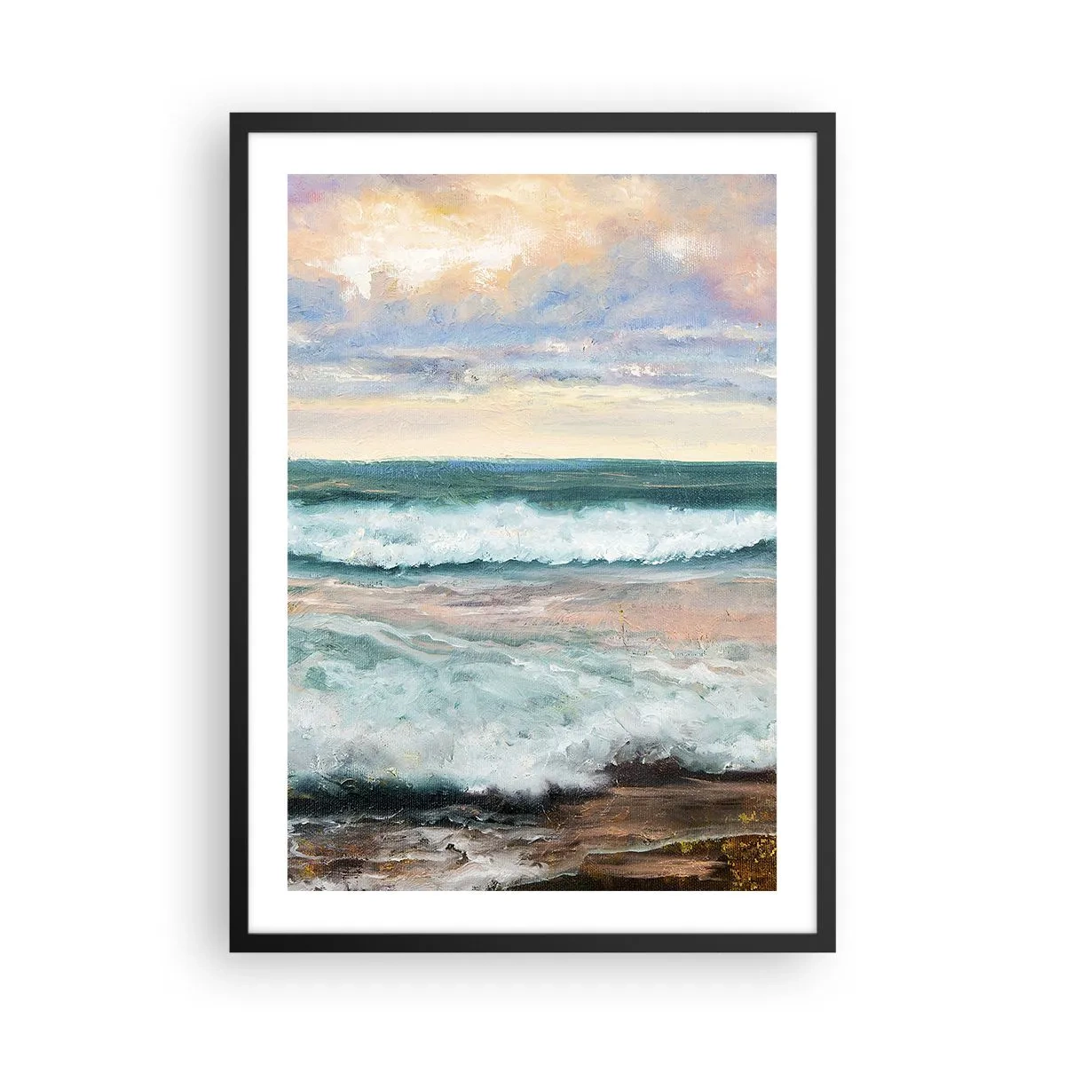 Affisch i svart ram - Havsvågor vid solnedgången - 50x70cm - Här kan du släta ut din själ - Modern väggdekoration för vardagsrum och sovrum ARTTOR