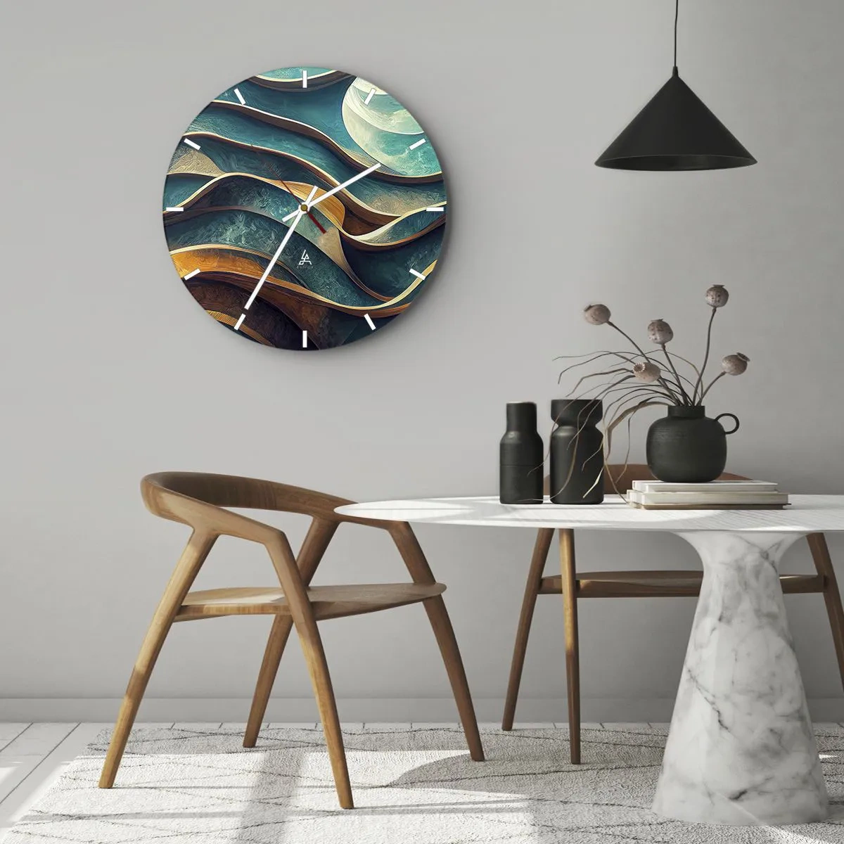 Väggklocka - Klocka på glas - Meandrar av blått - 30x30 cm