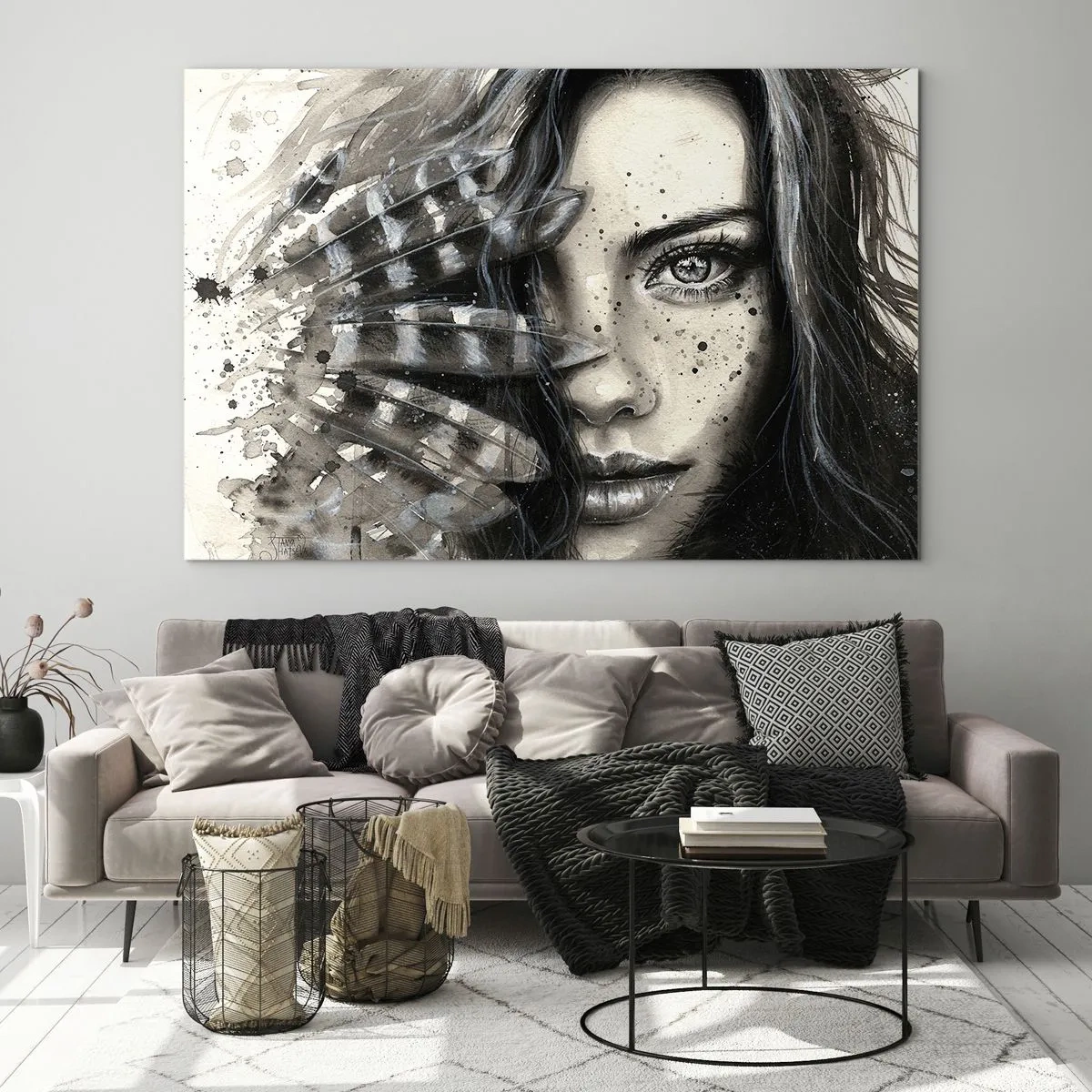 Glastavla - Bild på glas - Porträtt av en kvinna med fjädrar och abstrakta detaljer - 70x50cm - Vild skönhet - Modern väggdekoration för vardagsrum och sovrum ARTTOR