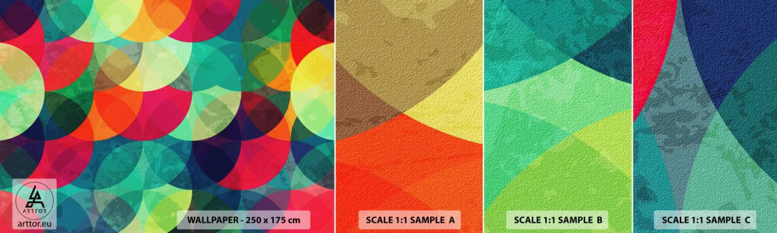 Provbit av självhäftande fototapet Deluxe Sticker - Regnbågsfärd - Abstraktion, Bit, Färgglada cirklar - 100x30 cm