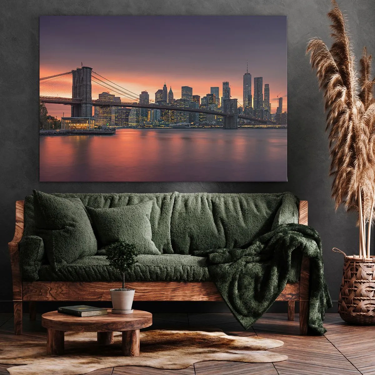 Canvastavla - Bild på duk - Nattpanorama över staden med en bro och en upplyst himmel - 70x50cm - Doppad i lila tystnad - Modern väggdekoration för vardagsrum och sovrum ARTTOR