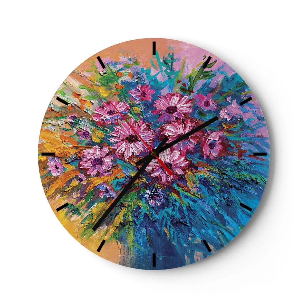 Väggklocka - Klocka på glas - En komposition av färgglada blommor mot en bakgrund av dynamiska färger - 30x30cm - Livets energi - Modern väggdekoration för vardagsrum, kök och sovrum ARTTOR