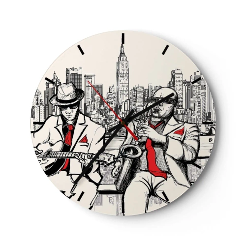 Väggklocka - Klocka på glas - En urtavla med ett motiv av jazzmusiker mot bakgrund av New York City - 30x30cm - New Yorks improvisation - Modern väggdekoration för vardagsrum, kök och sovrum ARTTOR