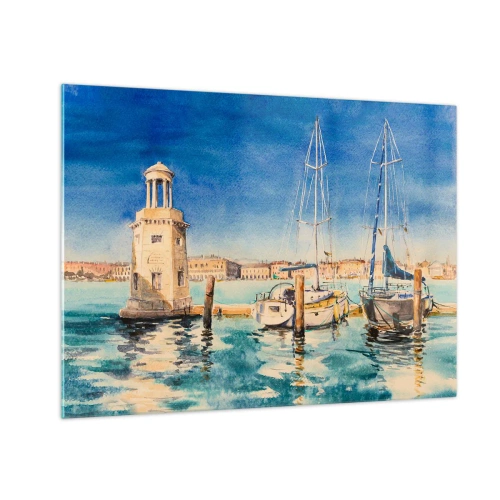 Glastavla - Bild på glas - Akvarell marina med en fyr och förtöjda yachter - 70x50cm - Solig lagun - Modern väggdekoration för vardagsrum och sovrum ARTTOR