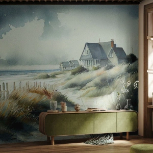 Fototapet Standard Eco - Hus på en havsdyn i akvarellmålningsstil - 100x70cm - Borta från liv och rörelse - Modern väggdekoration för vardagsrum och sovrum ARTTOR