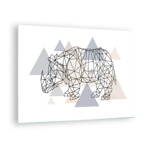 Glastavla - Bild på glas - Geometrisk teckning av en noshörning mot en ljus bakgrund - 70x50cm - Kraftens struktur - Modern väggdekoration för vardagsrum och sovrum ARTTOR