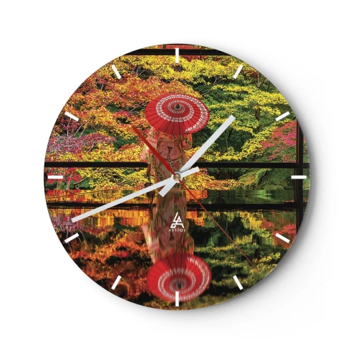 Väggklocka - Klocka på glas - Japanskt paraply bland höstlöven - 30x30cm - I naturens tempel - Modern väggdekoration för vardagsrum, kök och sovrum ARTTOR