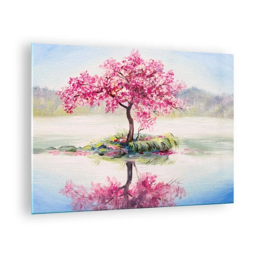 Glastavla - Bild på glas - Ett rosa träd på en ö som speglas i det lugna vattnet - 70x50cm - Vårens högtid - Modern väggdekoration för vardagsrum och sovrum ARTTOR