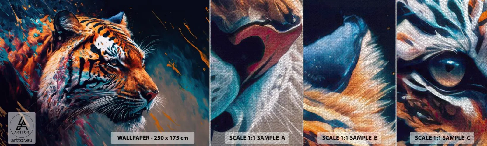 Provbit av fototapet Premium Canvas - Vild skönhet - Tiger, Färgrik, Djur - 100x30 cm