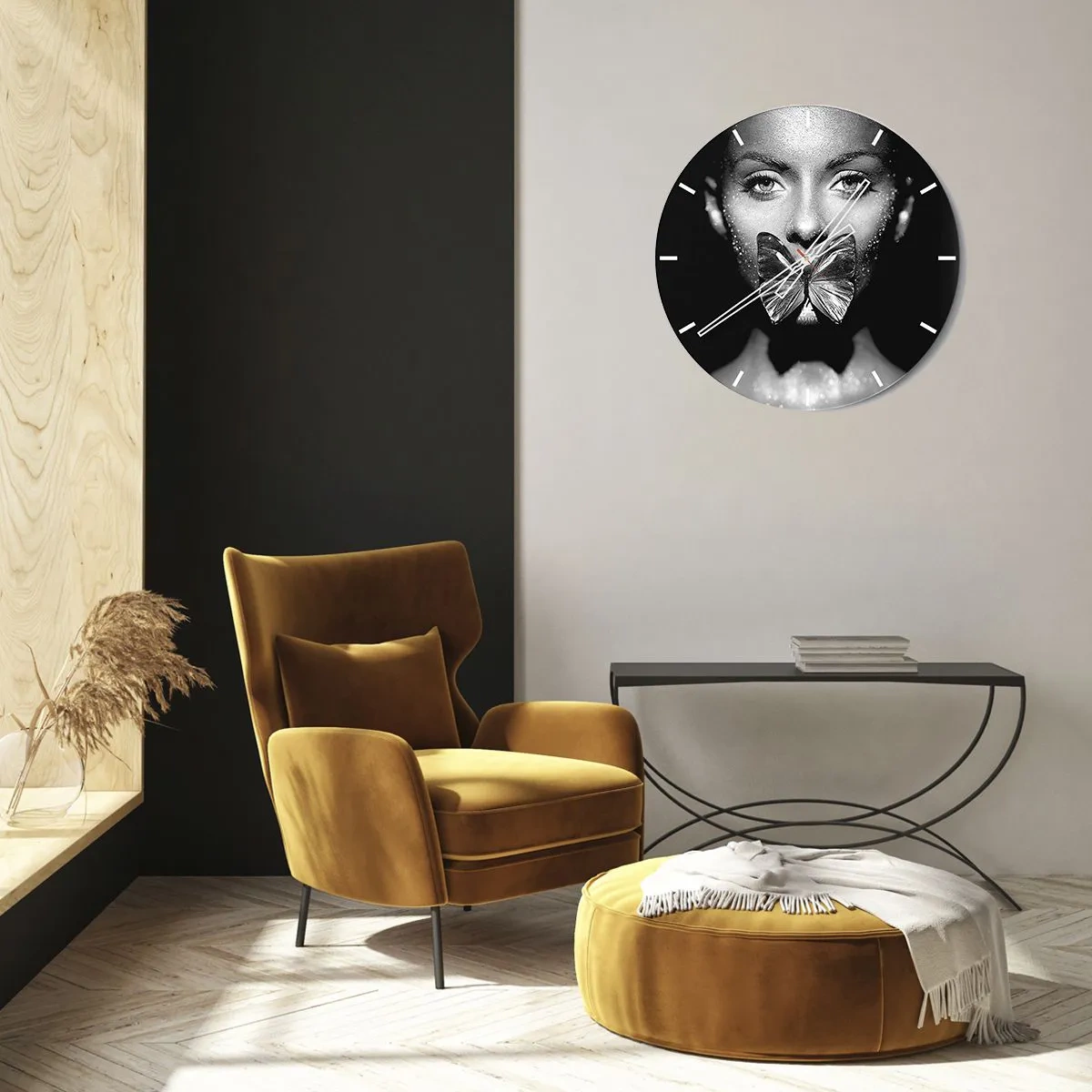 Väggklocka - Klocka på glas - Fjärilkyss - 40x40 cm