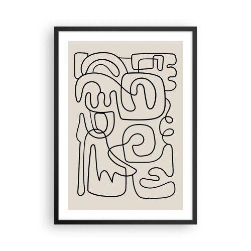 Affisch i svart ram - Modern abstraktion i form av en svart linje på en beige bakgrund - 50x70cm - Följ spåret - Modern väggdekoration för vardagsrum och sovrum ARTTOR