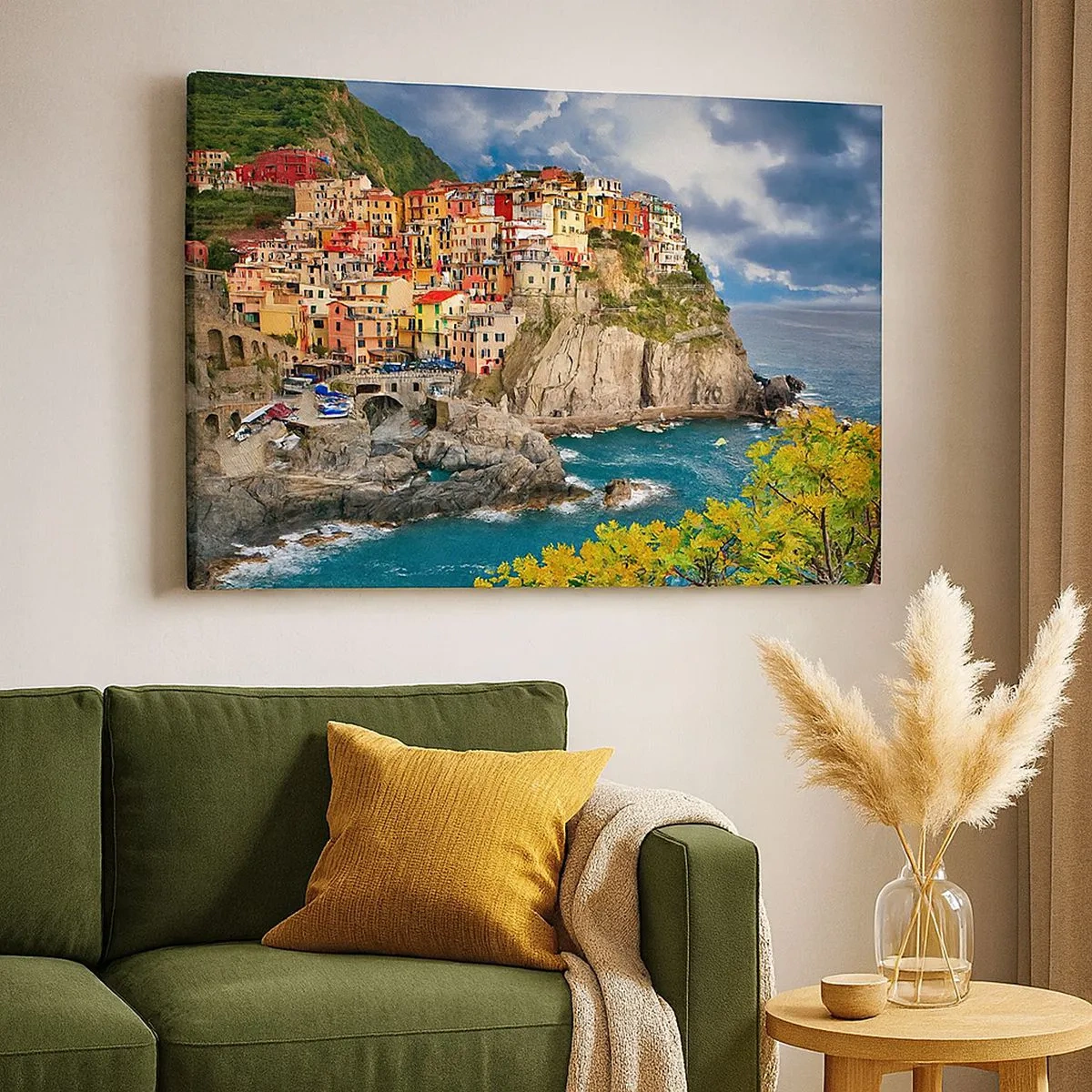 Canvastavla - Bild på duk - Färgglada hus på en klippa med utsikt över havet i Cinque Terre - 70x50cm - I bergets famn - Modern väggdekoration för vardagsrum och sovrum ARTTOR