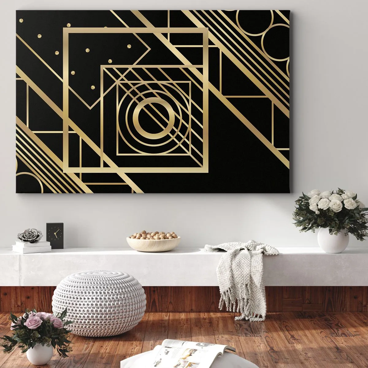 Canvastavla - Bild på duk - Gyllene geometriska mönster på svart bakgrund - 70x50cm - Gyllene geometri - Modern väggdekoration för vardagsrum och sovrum ARTTOR