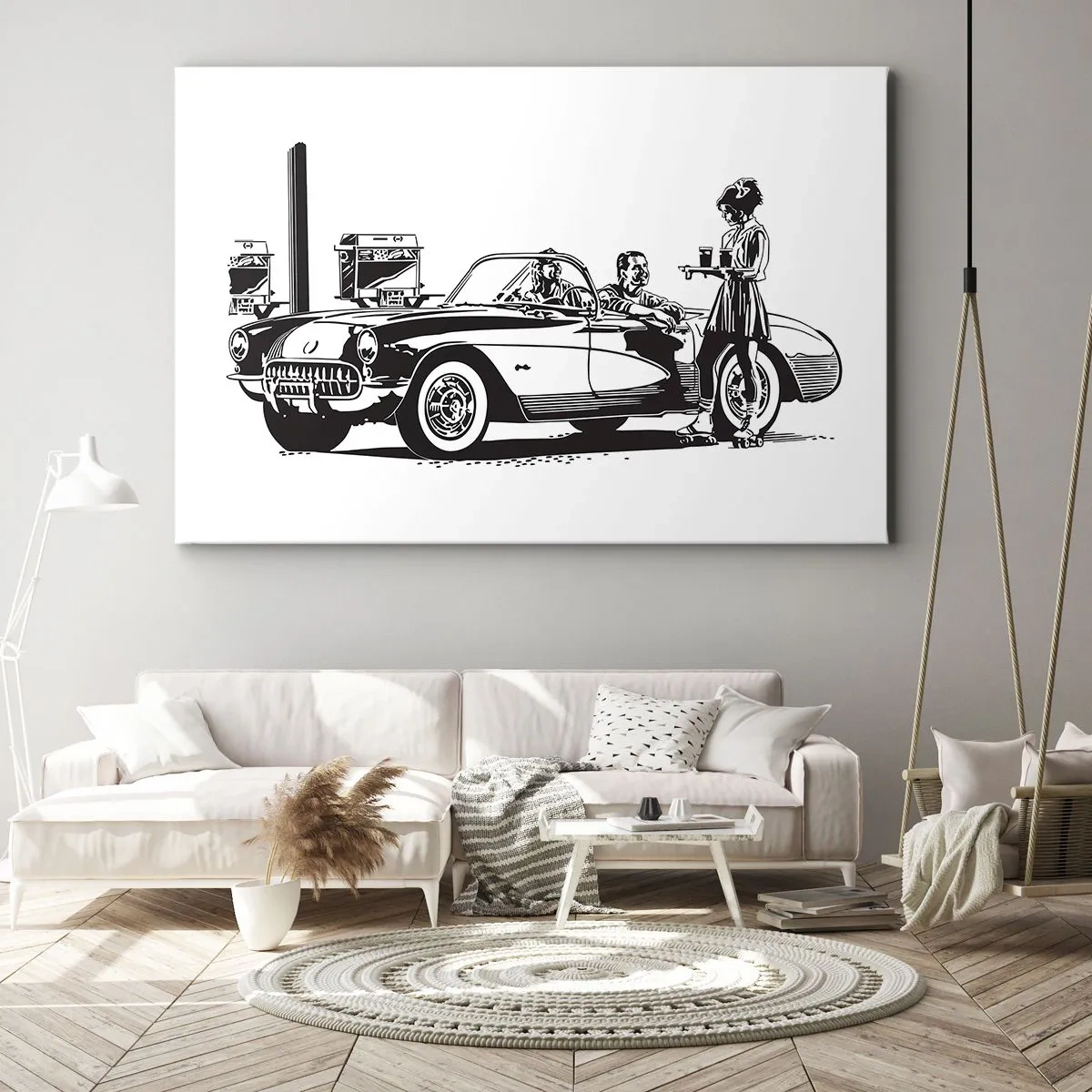 Canvastavla - Bild på duk - En svartvit retroscen med en bil och en servitris på rullskridskor. - 70x50cm - 60. - sorglöst Amerika - Modern väggdekoration för vardagsrum och sovrum ARTTOR