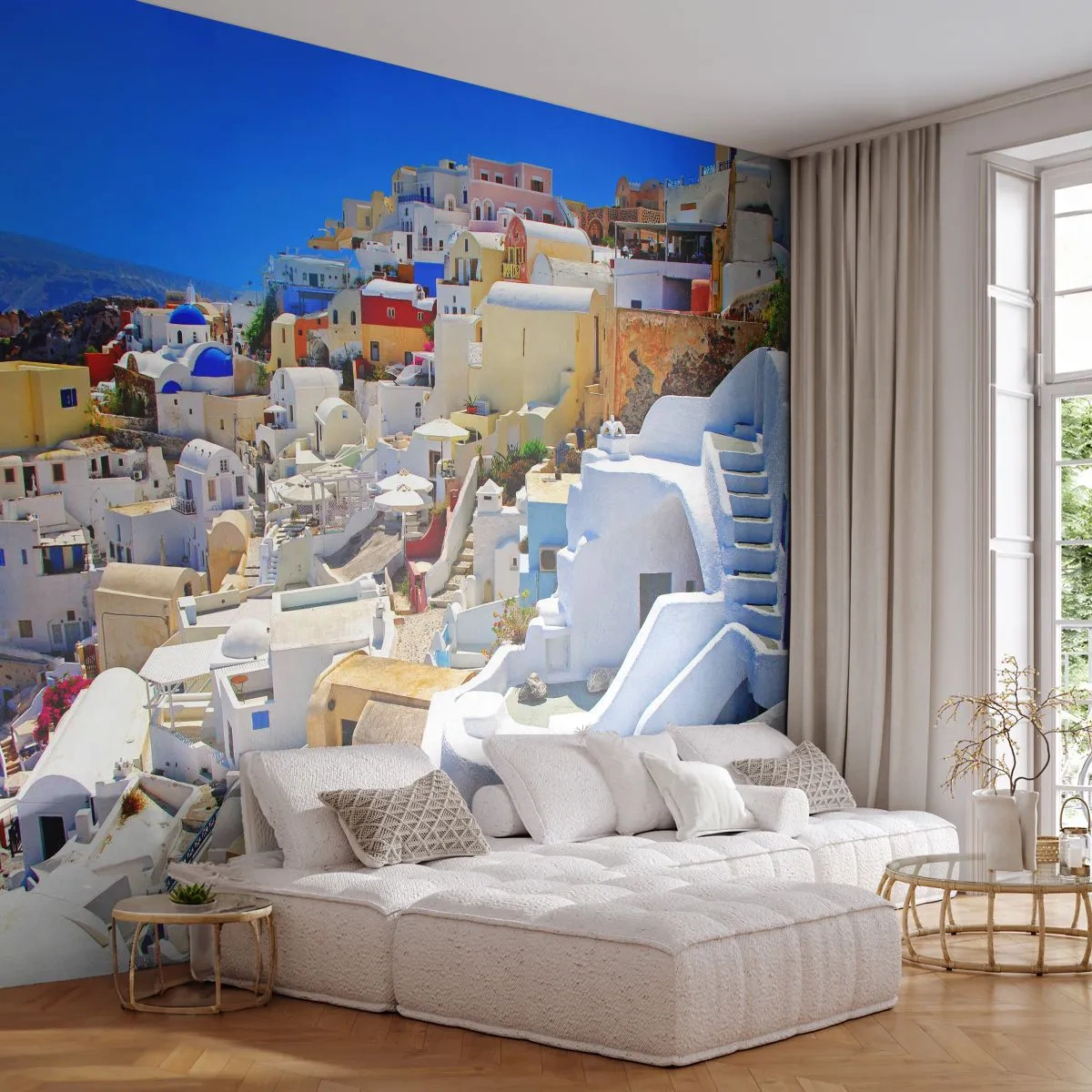 Självhäftande Fototapet Deluxe Sticker - En dröm om grekisk sommar - Arkitektur, Landskap, Santorini - 250x175 cm