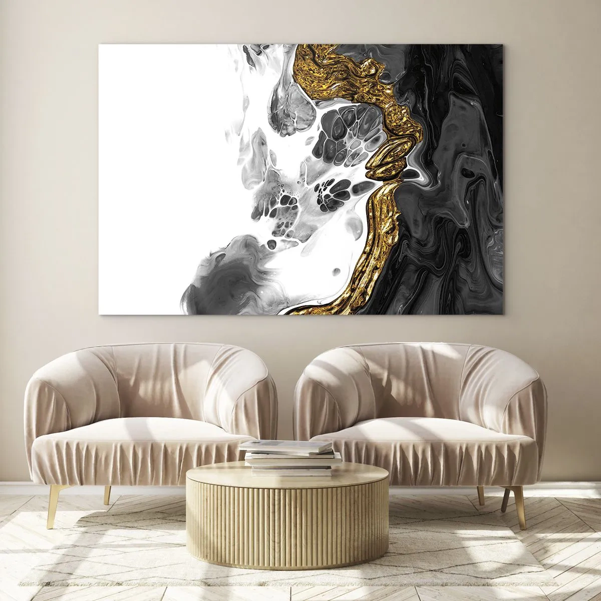 Glastavla - Bild på glas - Abstrakt komposition av svart, vitt och guld - 70x50cm - Organisk komposition - Modern väggdekoration för vardagsrum och sovrum ARTTOR