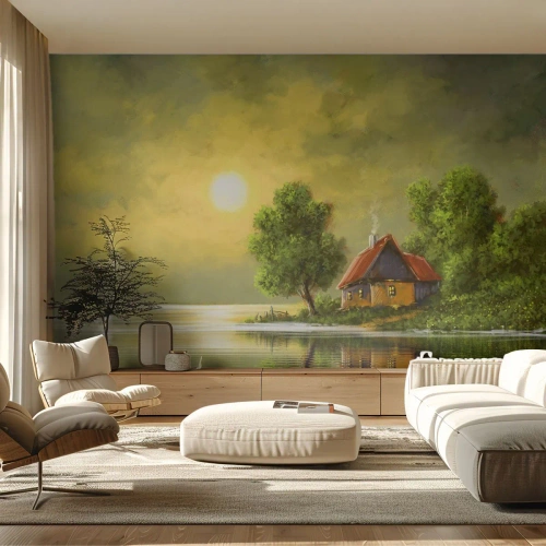 Självhäftande Fototapet Deluxe Sticker - Vackert som från en bild - Landskap, Stuga på landet, Segelbåt - 150x105 cm