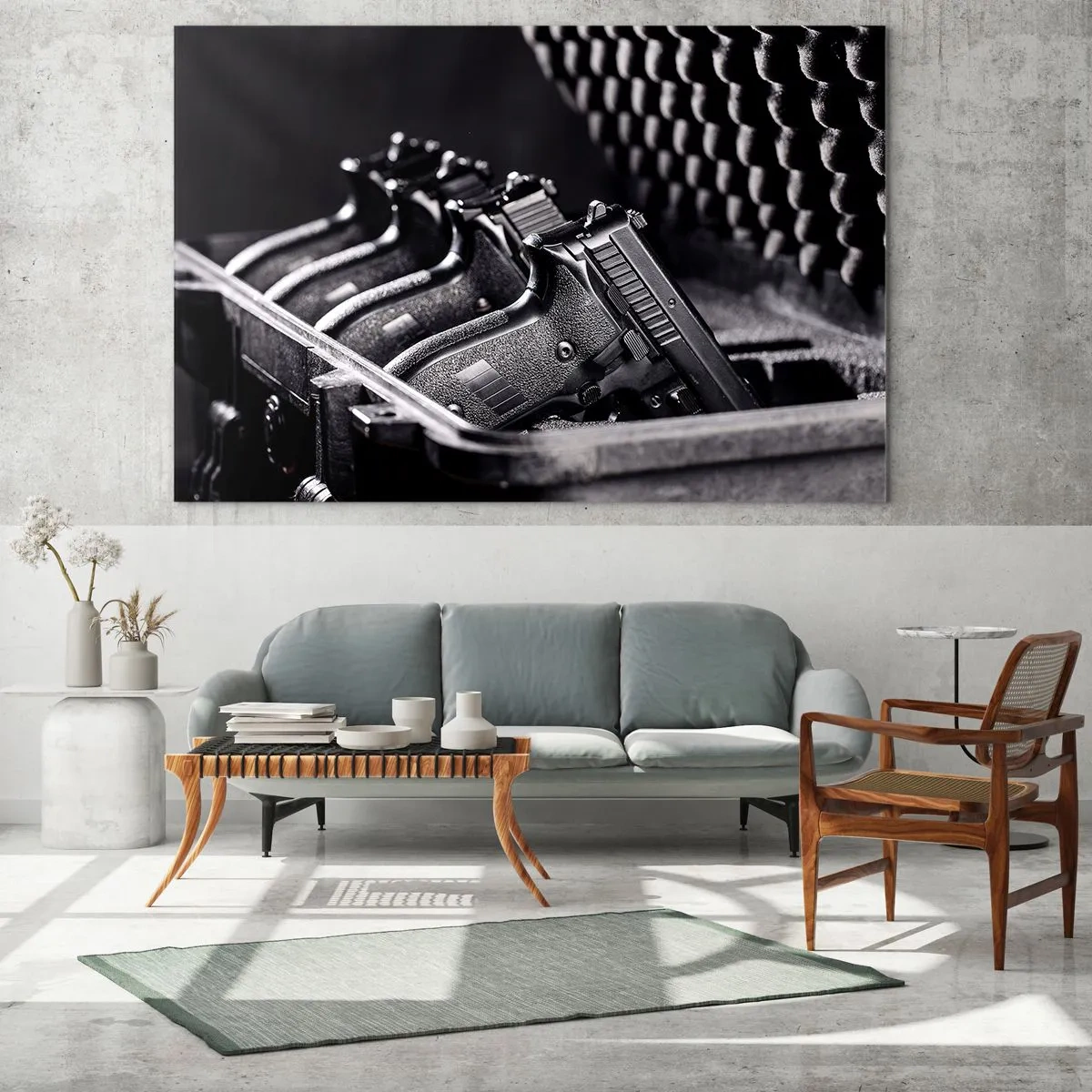 Glastavla - Bild på glas - Svarta pistoler i ett fodral mot en bakgrund av skyddande skum - 70x50cm - Manlig idrott - Modern väggdekoration för vardagsrum och sovrum ARTTOR