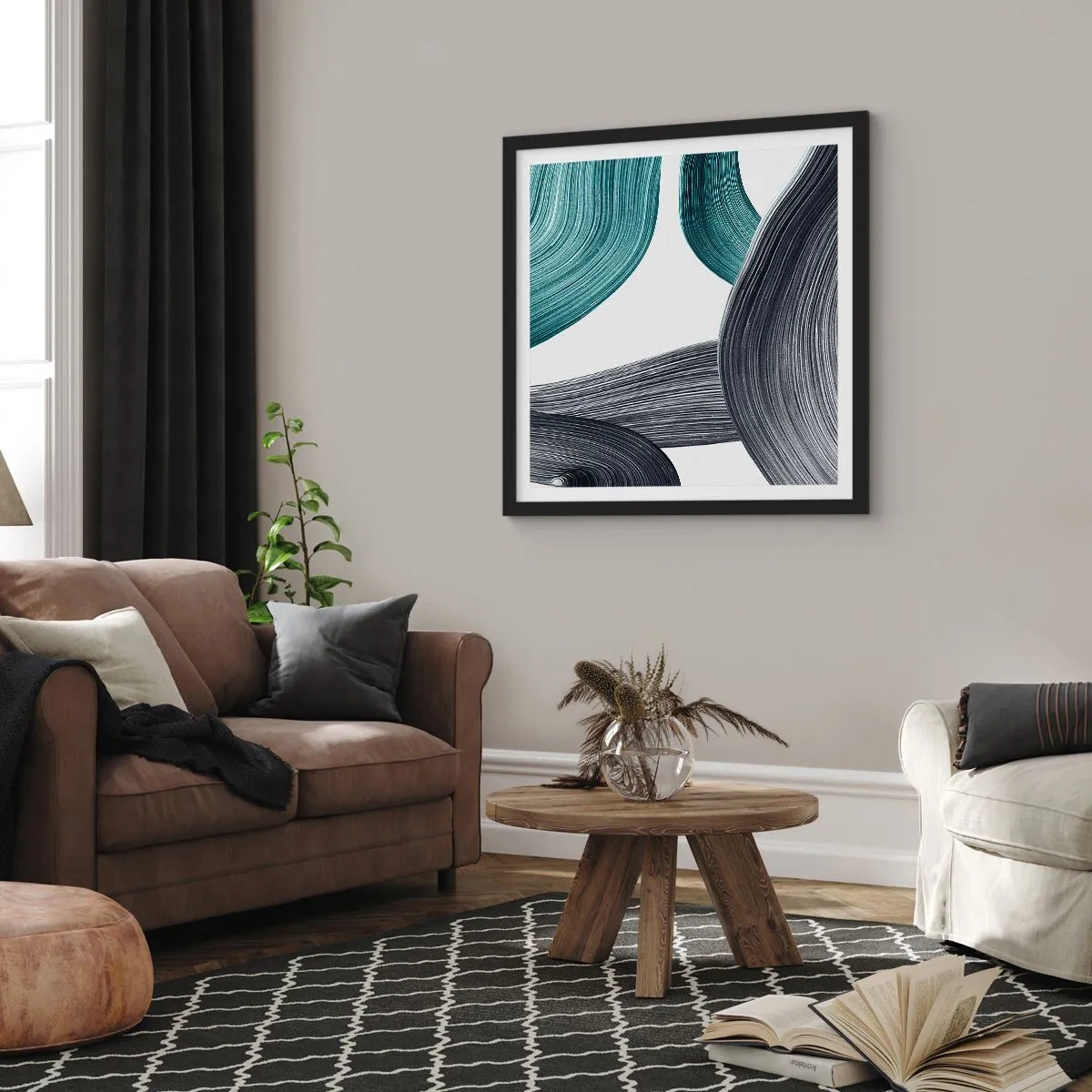 Affisch i svart ram - Smaragd och svarta spår - 50x50 cm