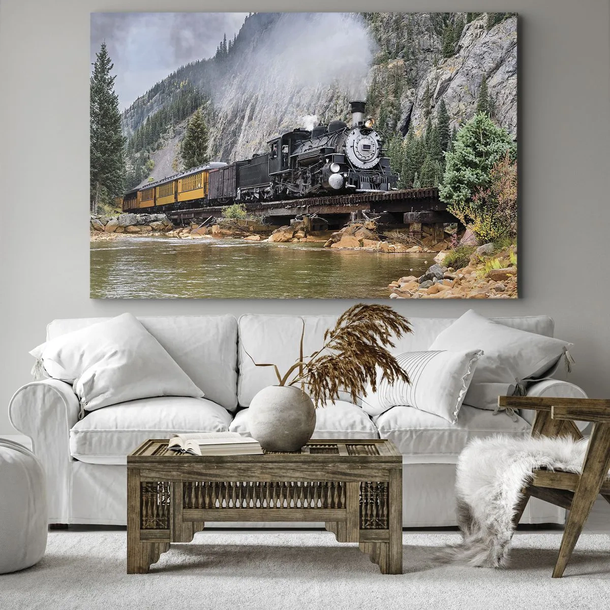 Canvastavla - Bild på duk - Ett ånglok på en bro i ett pittoreskt bergslandskap - 70x50cm - Vart ska du? Vart? - Modern väggdekoration för vardagsrum och sovrum ARTTOR