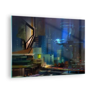 Glastavla - Bild på glas - Futuristisk stad på natten med neonljus och ett flygande fordon - 70x50cm - Inom snar framtid - Modern väggdekoration för vardagsrum och sovrum ARTTOR