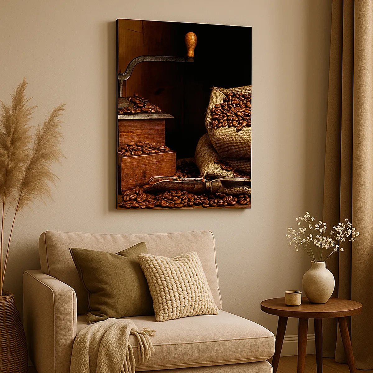 Canvastavla - Bild på duk - Stilleben med kaffebönor och kvarn - 50x70 cm