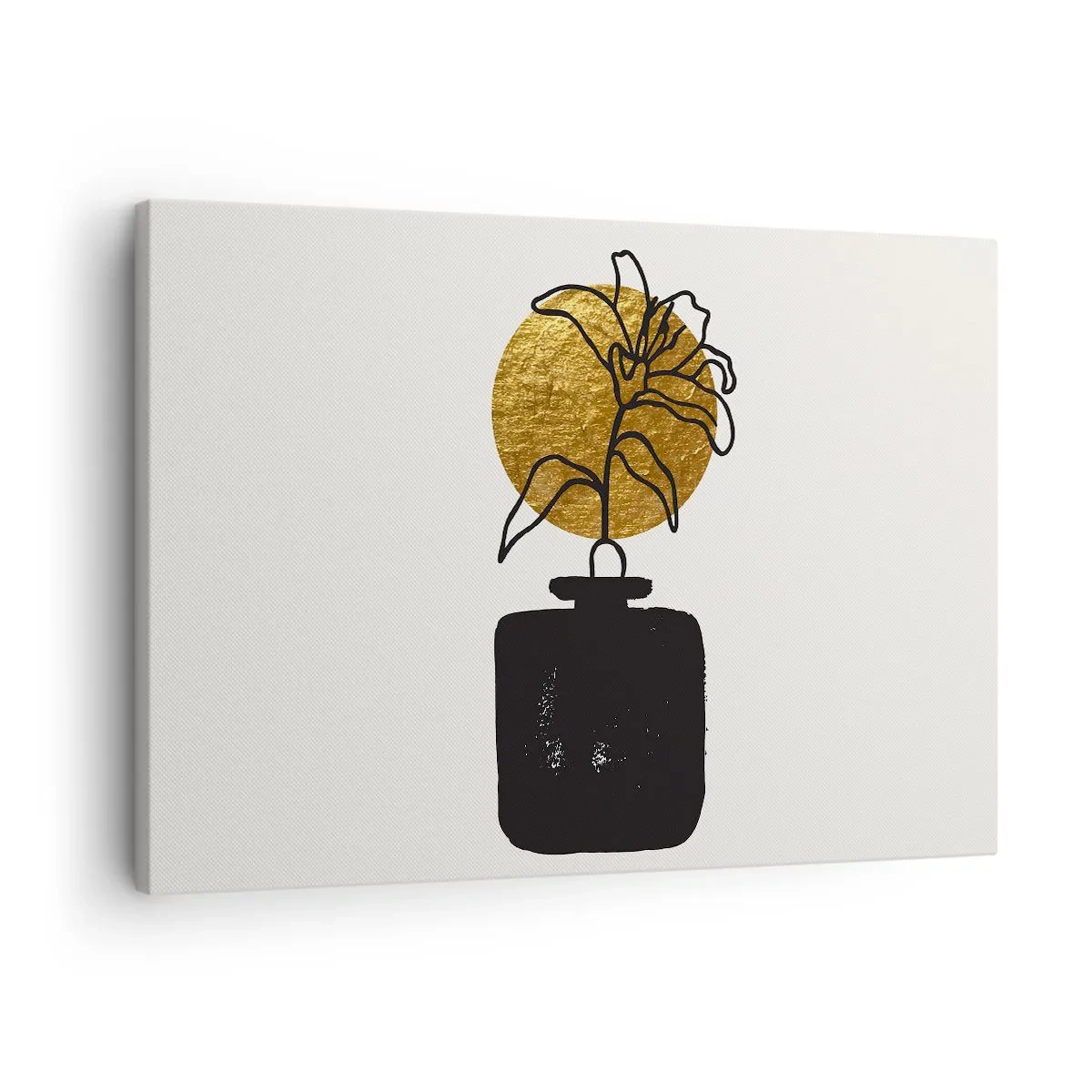 Canvastavla - Bild på duk - En teckning av en blomma i en vas mot en gyllene cirkelbakgrund - 70x50cm - Guldvärd skönhet - Modern väggdekoration för vardagsrum och sovrum ARTTOR
