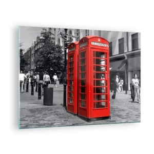 Glastavla - Bild på glas - Röda telefonkiosker på en gata i London - 70x50cm - Röda telefonkiosker - Modern väggdekoration för vardagsrum och sovrum ARTTOR