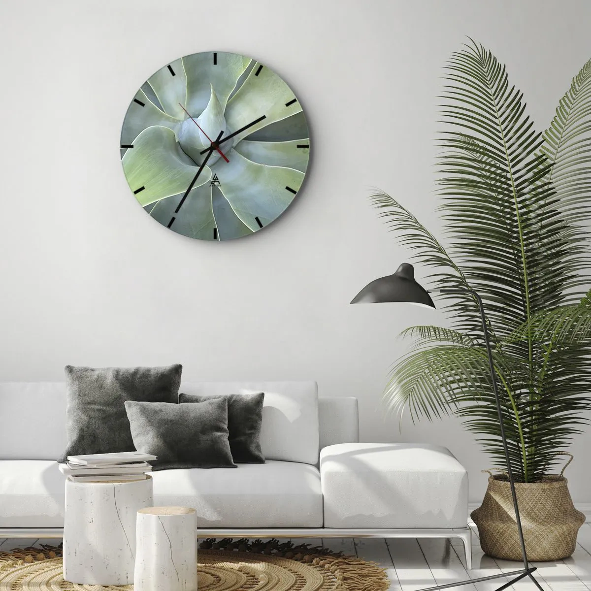 Väggklocka - Klocka på glas - Närbild av det spiralformade arrangemanget av suckulenta blad - 30x30cm - Det gröna föds - Modern väggdekoration för vardagsrum, kök och sovrum ARTTOR