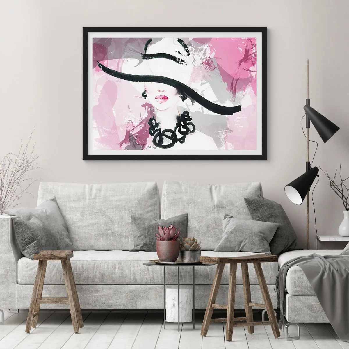 Affisch i svart ram - En damportätt i svart och rosa - 91x61 cm