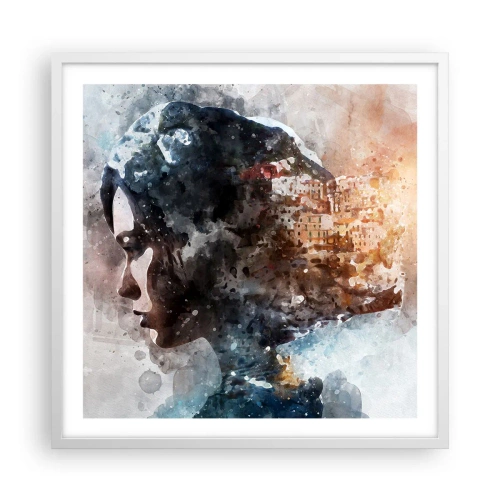 Affisch i vit ram - Berättelse om en tjej med en stad i bakgrunden - 60x60 cm