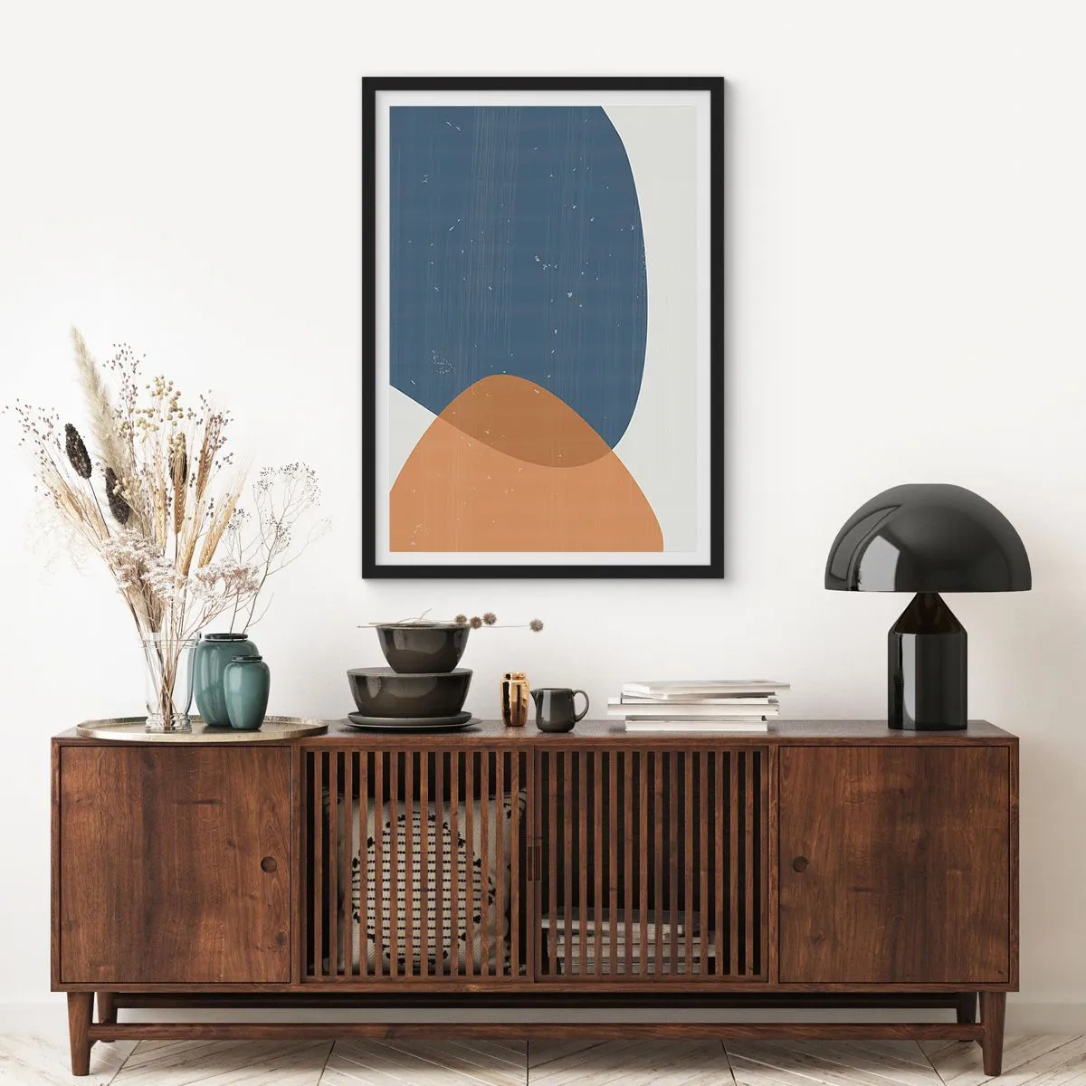 Affisch i svart ram - Geometri i nyanser av blått och beige - 50x70cm - Ovaler och influenser - Modern väggdekoration för vardagsrum och sovrum ARTTOR