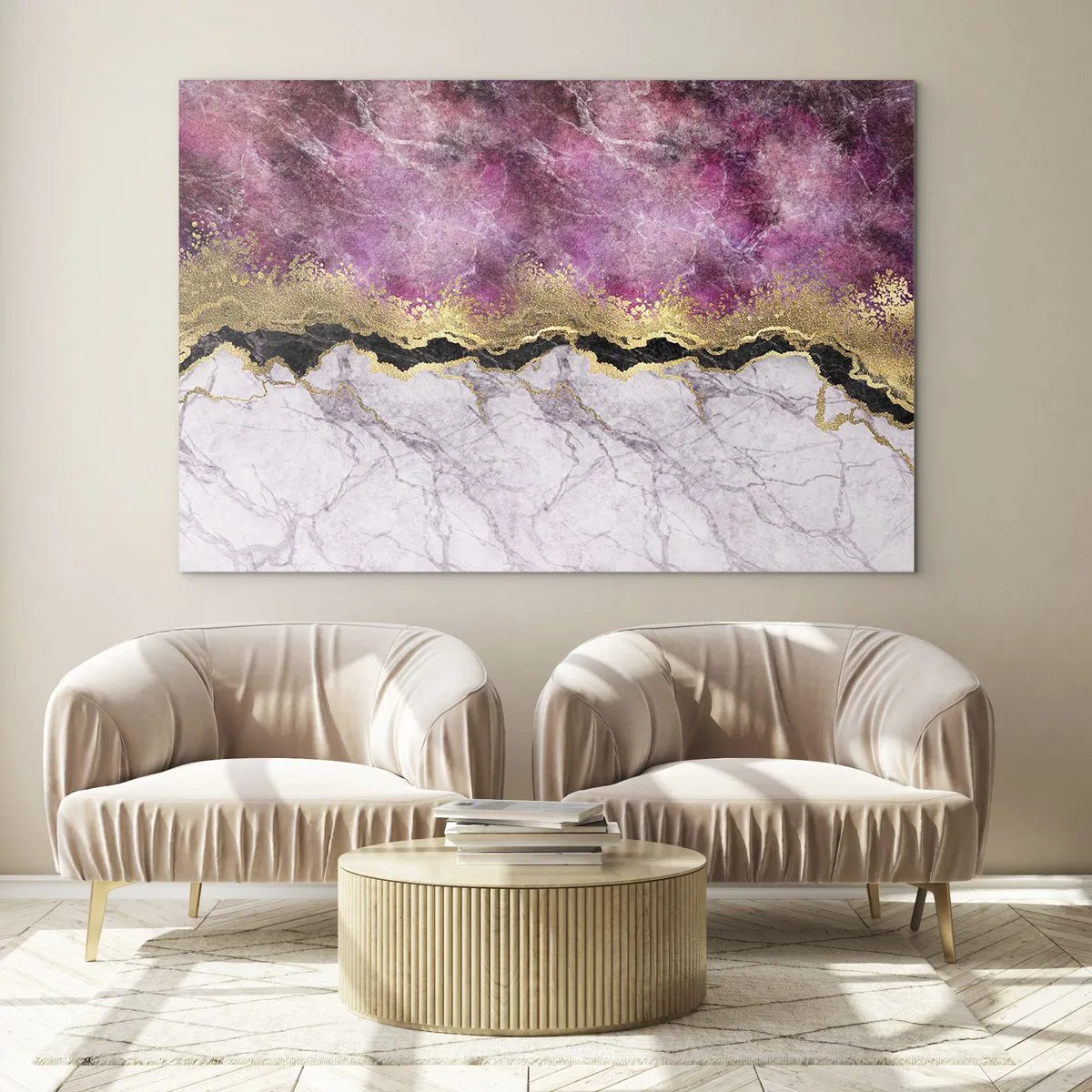 Glastavla - Bild på glas - Abstrakt marmorkomposition med guld- och lila accenter - 70x50cm - På gränsen - Modern väggdekoration för vardagsrum och sovrum ARTTOR