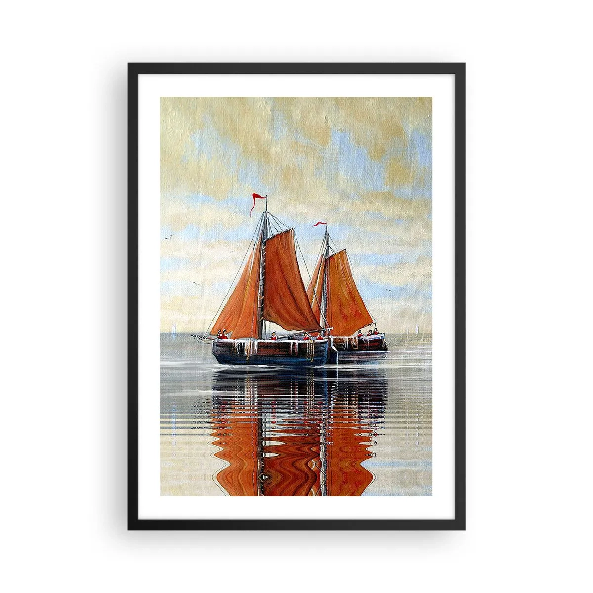 Affisch i svart ram - Segelbåtar på lugnt vatten med röda segel - 50x70cm - Hej, segla seglaren… - Modern väggdekoration för vardagsrum och sovrum ARTTOR