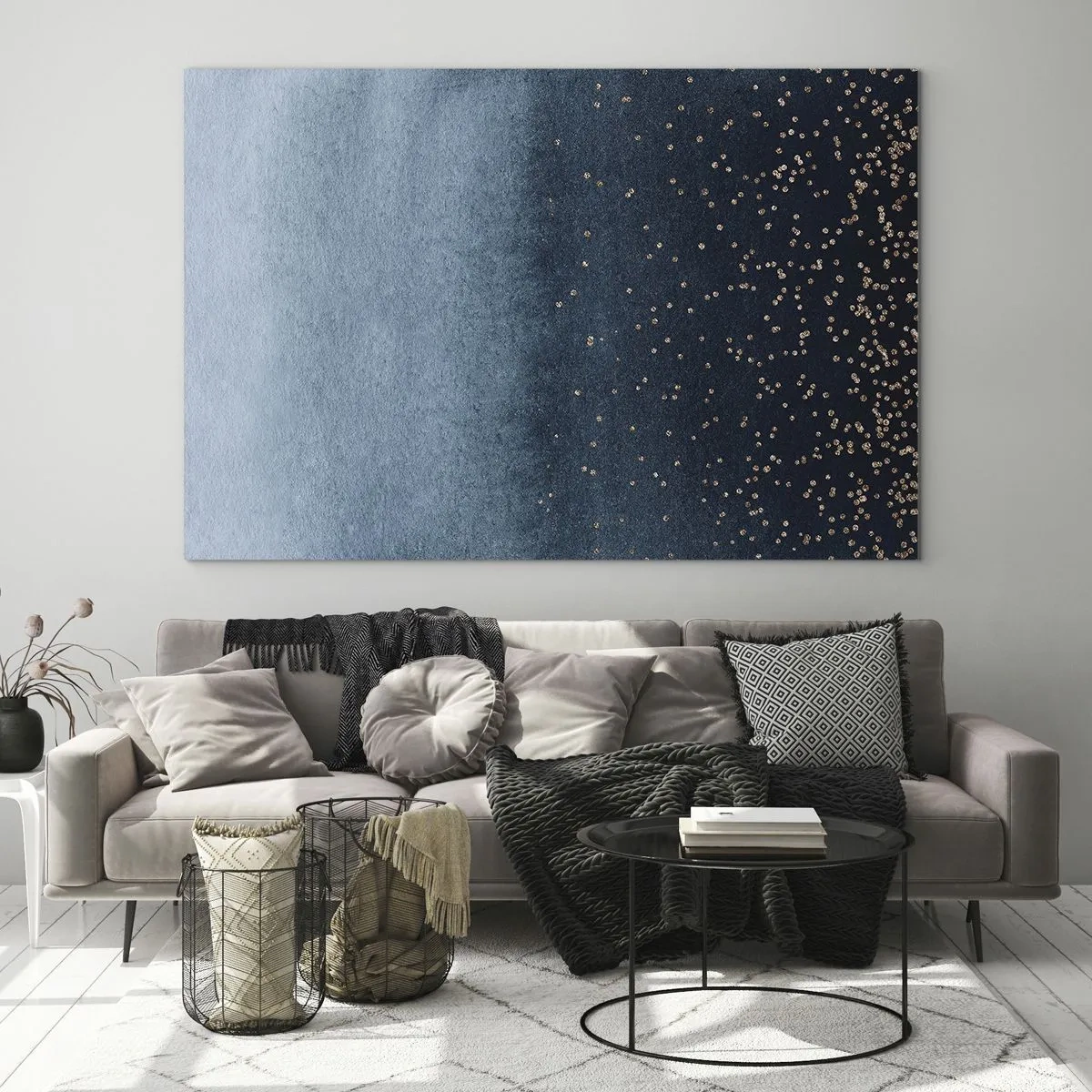 Glastavla - Bild på glas - Marinblå gradienter med små guldprickar - 70x50cm - Komposition – blåa faser - Modern väggdekoration för vardagsrum och sovrum ARTTOR