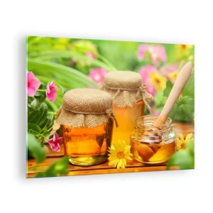 Glastavla - Bild på glas - Burkar med honung mot en bakgrund av blommor i trädgården - 70x50cm - Sött och blommigt - Modern väggdekoration för vardagsrum och sovrum ARTTOR