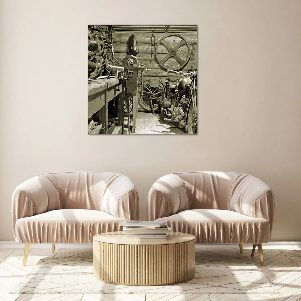 Glastavla - Bild på glas - I onkel Lasses skjul - 70x70 cm