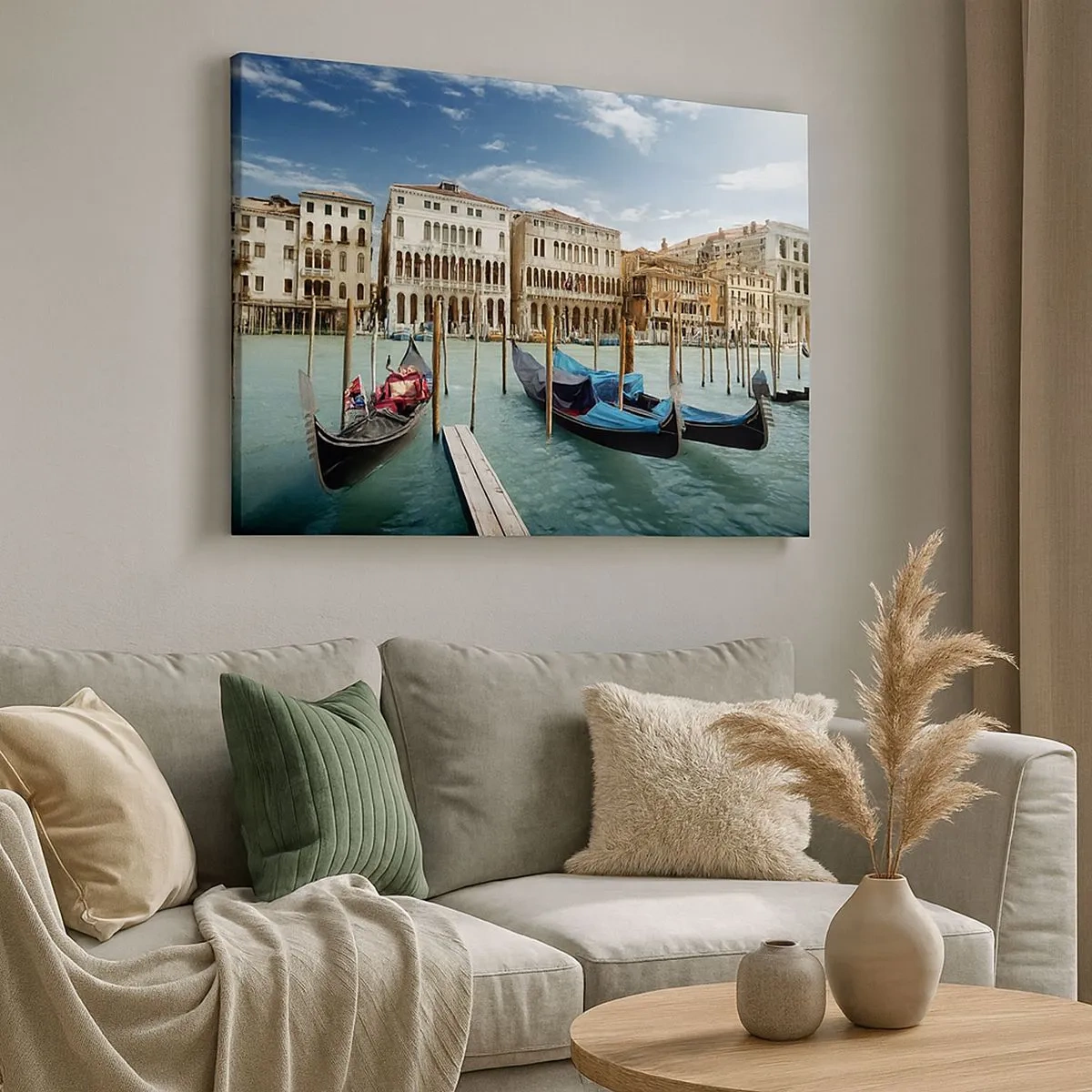 Canvastavla - Bild på duk - Venedig med gondoler och palats mot himlen - 70x50cm - Palats i blått - Modern väggdekoration för vardagsrum och sovrum ARTTOR
