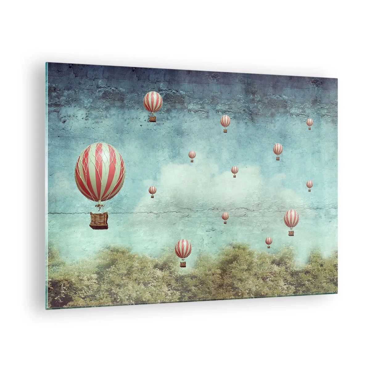 Glastavla - Bild på glas - Ballonger som svävar över ett grönt landskap - 70x50cm - Fria från livets buller - Modern väggdekoration för vardagsrum och sovrum ARTTOR