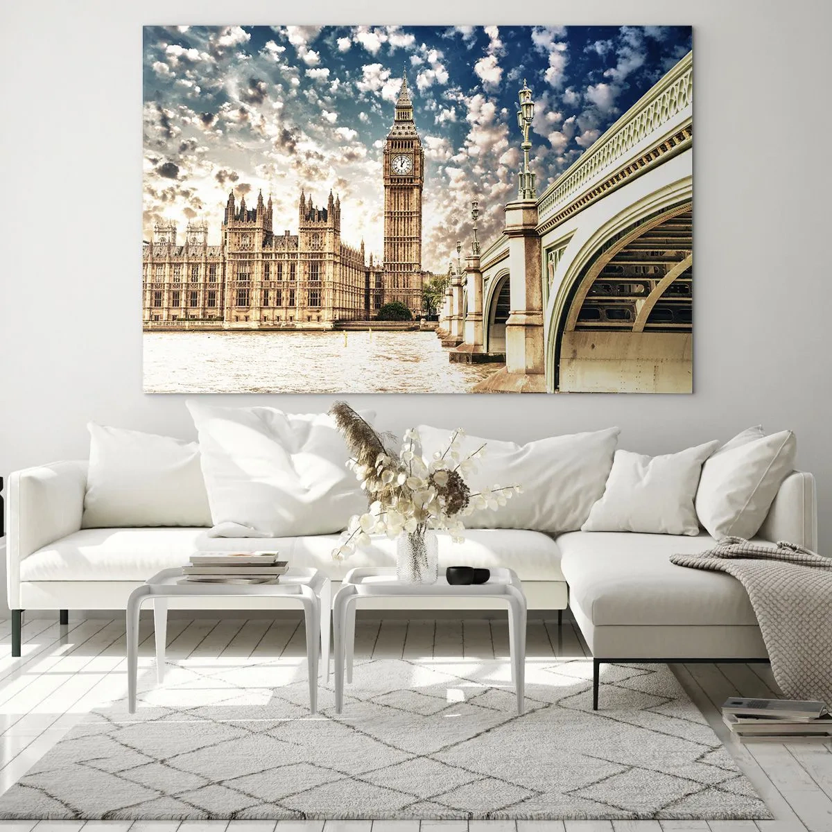Glastavla - Bild på glas - Big Ben och Westminsterbron i London - 70x50cm - Moln över Thames - Modern väggdekoration för vardagsrum och sovrum ARTTOR