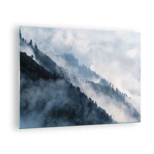 Glastavla - Bild på glas - Dimmigt bergspanorama med en mörk skog - 70x50cm - Fjällens mystik - Modern väggdekoration för vardagsrum och sovrum ARTTOR