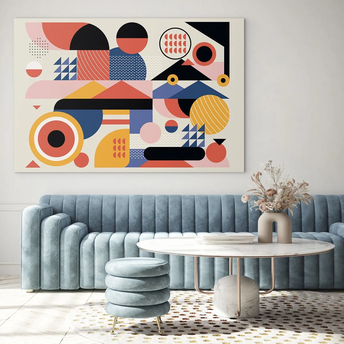 Glastavla - Bild på glas - Färgglad geometrisk abstraktion med cirklar och trianglar - 70x50cm - Komposition: Lek - Modern väggdekoration för vardagsrum och sovrum ARTTOR