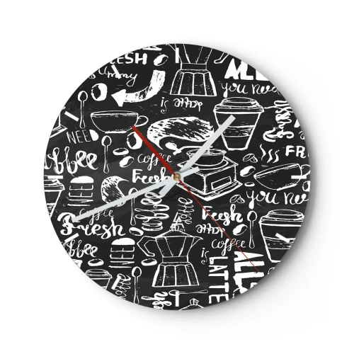 Väggklocka - Klocka på glas - Kaffemotiv i stil med en kritteckning på svart bakgrund - 30x30cm - All you need is… - Modern väggdekoration för vardagsrum, kök och sovrum ARTTOR
