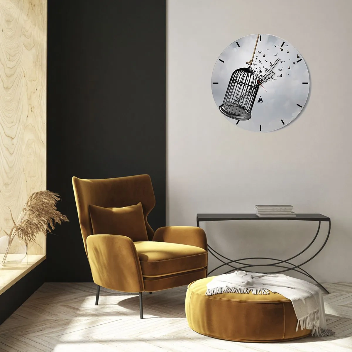 Väggklocka - Klocka på glas - Buren öppnas och fåglarna flyger ut mot himlen - 30x30cm - Tro...Hopp...Frihet! - Modern väggdekoration för vardagsrum, kök och sovrum ARTTOR