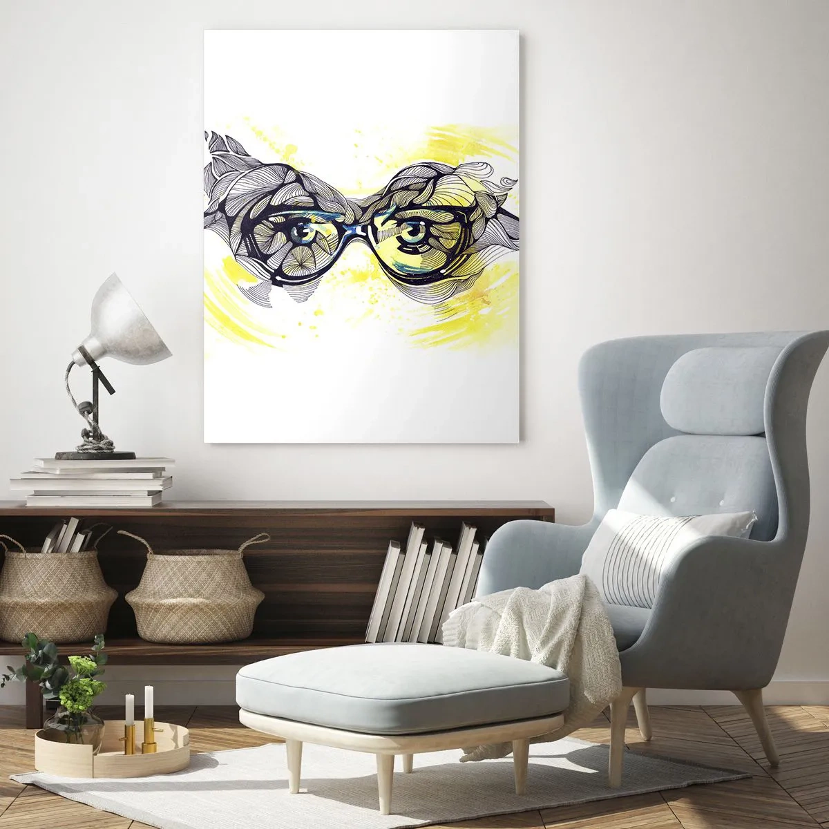 Glastavla - Bild på glas - Genom blåa glasögon - 50x70 cm