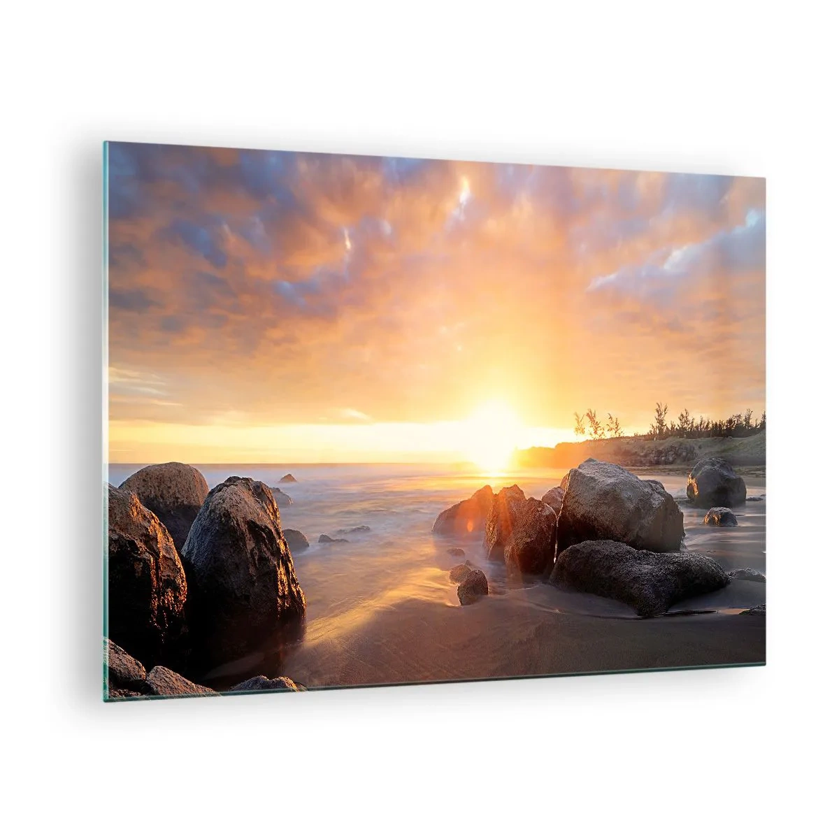 Glastavla - Bild på glas - Solnedgång över havet med stenar på stranden - 70x50cm - Kvällens ljusa bris - Modern väggdekoration för vardagsrum och sovrum ARTTOR